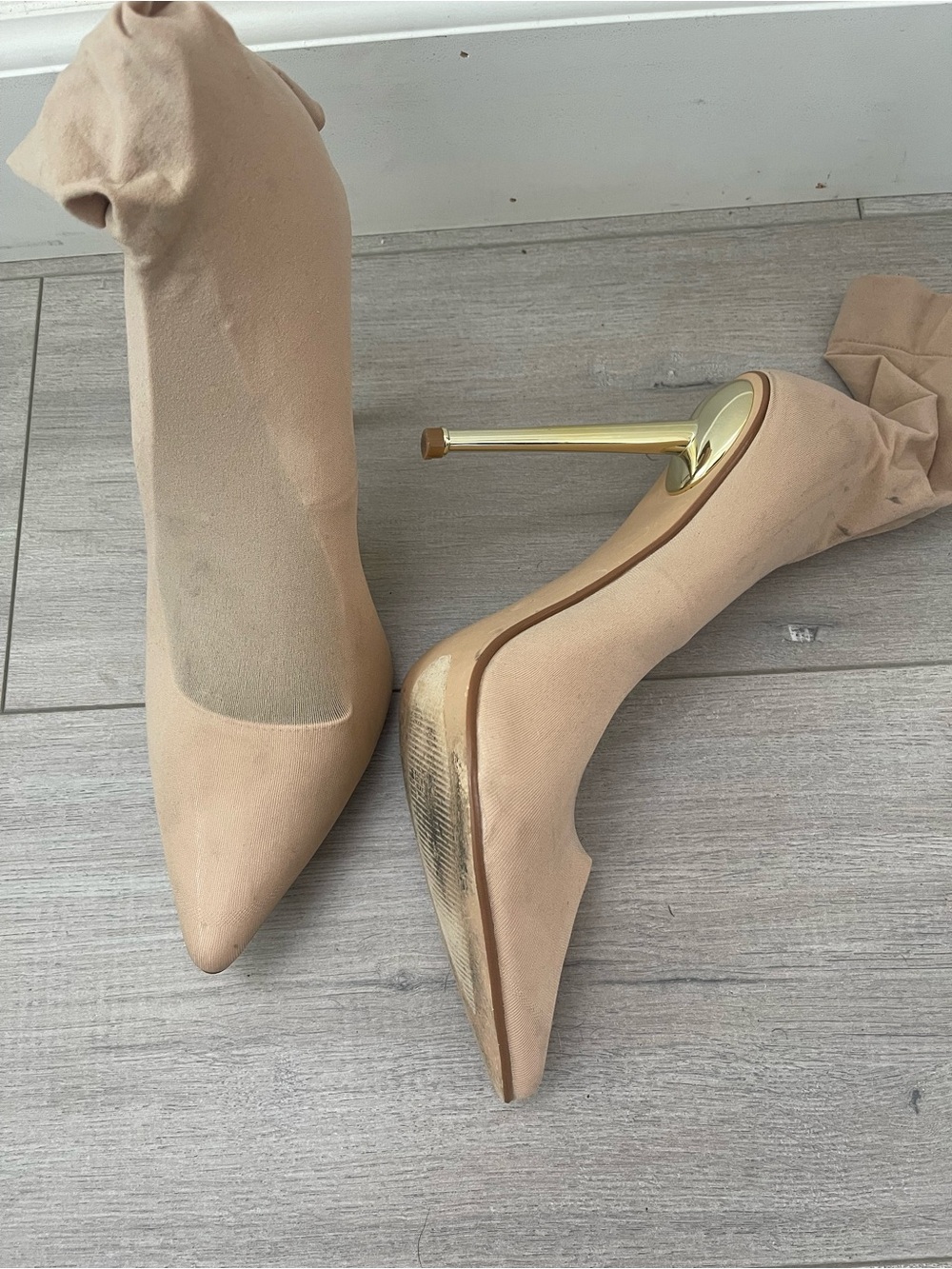 Fashion Nova Nude Pointed Stiletto Sock Boots with Gold Heel